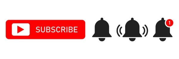 Suscribir botón rojo abd campanas de notificación símbolos aislados. Interfaz de redes sociales Smartphone. Mensaje campana icono . — Vector de stock
