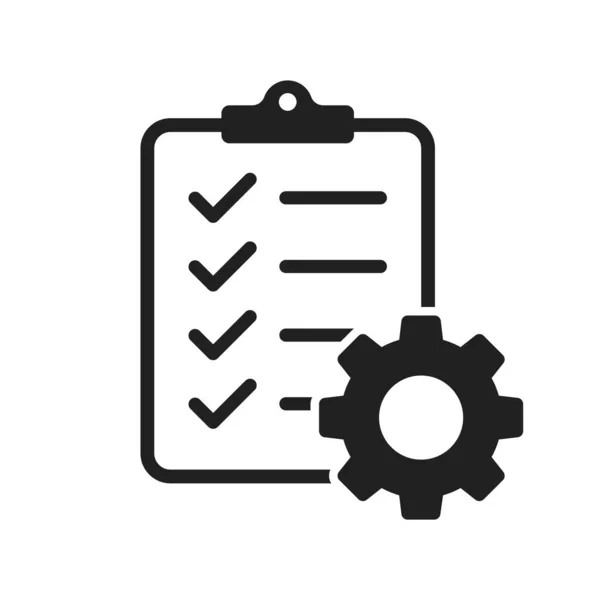 Klembord met tandwiel geïsoleerd icoon. Technische ondersteuning checklist pictogram. Beheer flat icon concept. Software ontwikkeling. — Stockvector