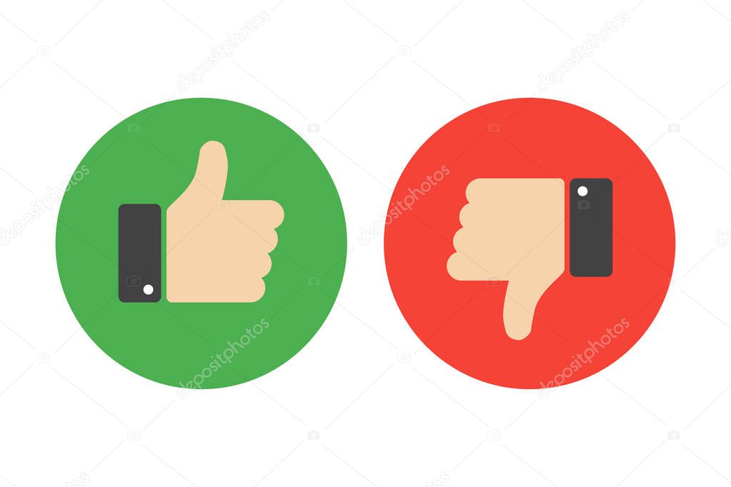 Set of thumb up and down on green and red background. Isolated vector signs in trandy fkat style.