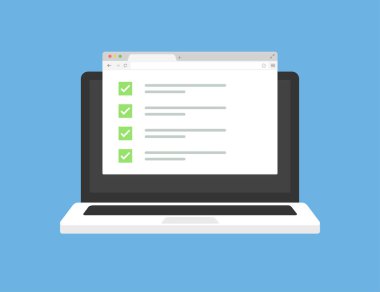 Tarayıcı pencereli, modaya uygun düz bir dizüstü bilgisayar. İşaretleme listesi işaretleme kutusu ögeleri. Web sitesi ekran şablonu. Web ekran modeli. Laptop bilgisayarı. İş web sitesi şablon tasarımı.