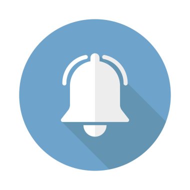 Çan izole vektör ikonu mavi daire arka planda gölgeli. Zil ya da halka simgesi vektör uyarı sembolü. Vektör tasarım elemanı. Çan simgesi olan düğme.