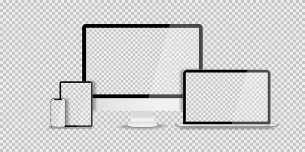 Geräte in realistischem Trenddesign auf transparentem Hintergrund. Set von Laptop-Tablet und Smartphone mit leeren Bildschirmen. Attrappe auf. Leerer Bildschirm isoliert. — Stockvektor