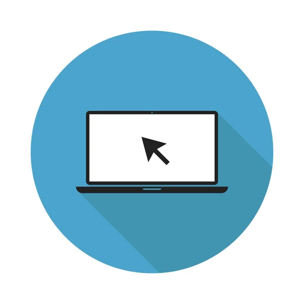 Laptop con puntero en pantalla sobre fondo círculo azul con sombra. Puntero de icono de ordenador portátil. Símbolo de puntero del ratón. Ilustración del icono del cursor. Símbolo de flecha. Cursor clic icono vector . — Vector de stock