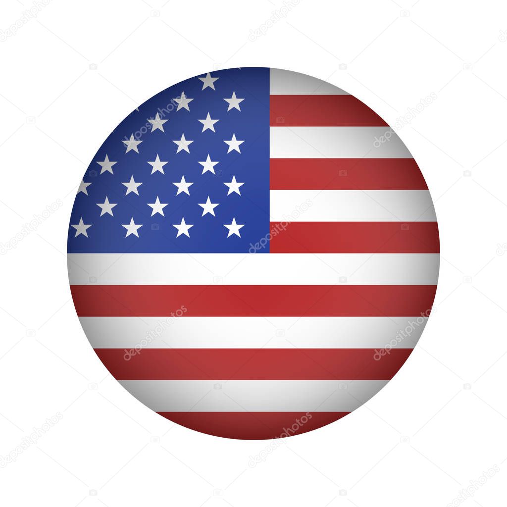 American illustration with blue usa flag circle on white background. Blue background. American symbol. American flag icon isolated.