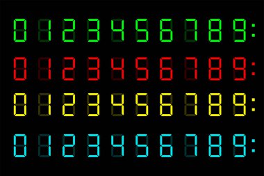 Dijital saat numaraları. Renkli elementlerin vektörü. Dijital hesap makinesi renkli vektör izole edilmiş sayılar kümesi. EPS 10