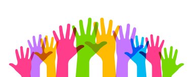 Eller yukarı! Vektör izole edilmiş illüstrasyon. Kaldırılmış vektör renkli eller. Gönüllü eğitim işi konsepti. EPS 10