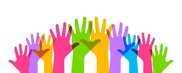 Ψηλά Χέρια Διανυσματική Απομόνωση Μεγαλωμένα Διανυσματικά Χρωματιστά Χέρια Εθελοντική Επιχειρηματική — Διανυσματικό Αρχείο