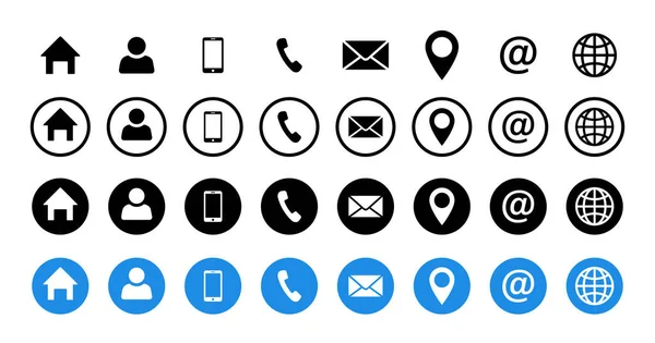 İletişim simgesi. Vektör izole işaretleri. Ev, kullanıcı, cep telefonu, mesaj, yer, internet. Siyah vektör dairesel olarak izole edilmiş simge işaretleri. Hisse senedi. EPS 10