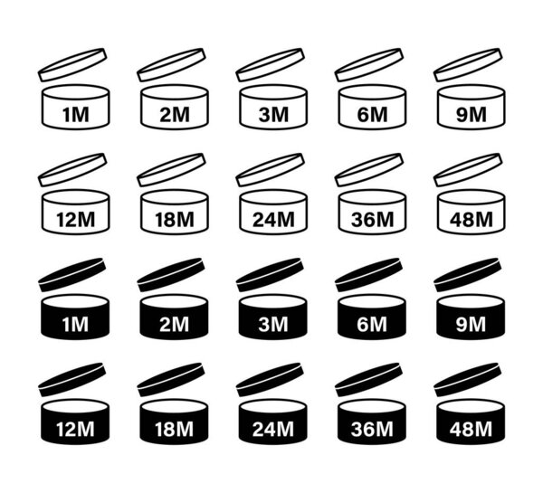 Pao period after opening icon. Vector isolated sign, icon.  Expiration date signs: 1m, 2m, 3m, 6m, 9m, 12m, 18m, 24m, 30m, 36m, 48m. Stock vector. EPS 10