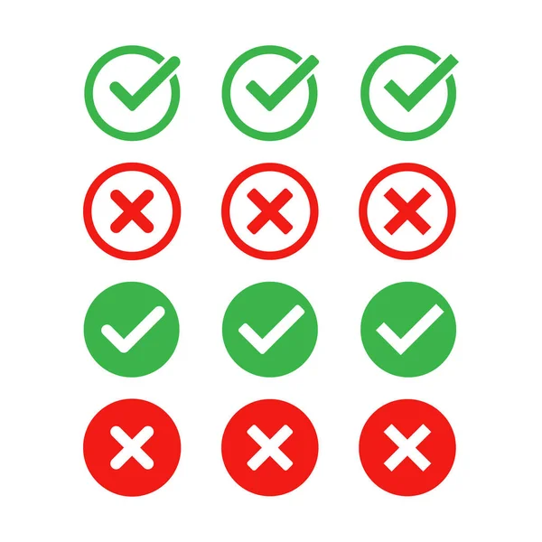 Groen Vinkje Rood Kruis Pictogram Set Vector Geïsoleerde Elementen Vink — Stockvector