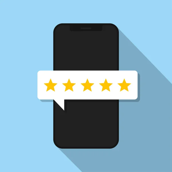 Phone with bubble rating. Vector isolated illustration. Quality stars rating. Feedback concept. Positive review.  5 stars assessment of customer in flat style. Stock vector. EPS 10