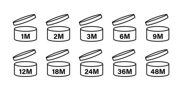 İkonun açılışından sonra Pao dönemi. Vektör izole işareti, simge. Son kullanma tarihi: 1 m, 2 m, 3 m, 6 m, 9 m, 12 m, 18 m, 24 m, 30 m, 36 m, 48 m. Hisse senedi. EPS 10