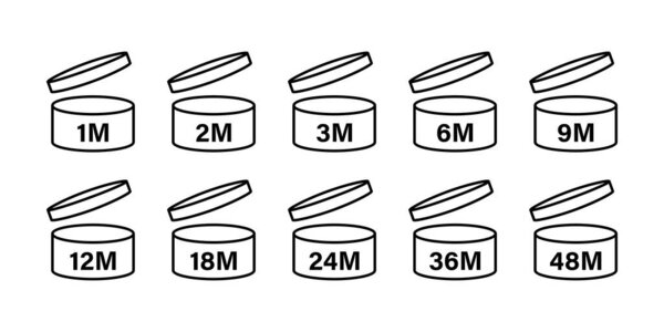 Pao period after opening icon. Vector isolated sign, icon.  Expiration date signs: 1m, 2m, 3m, 6m, 9m, 12m, 18m, 24m, 30m, 36m, 48m. Stock vector. EPS 10