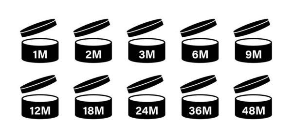 Pao period after opening icon. Vector isolated sign, icon.  Expiration date signs: 1m, 2m, 3m, 6m, 9m, 12m, 18m, 24m, 30m, 36m, 48m. Stock vector. EPS 10