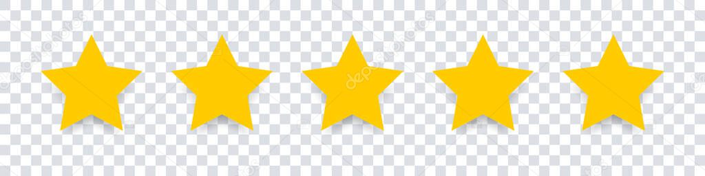 Star icon. Vector yellow isolated five stars. Customer feedback concept. Vector 5 stars rating review. Quality shape design. EPS 10