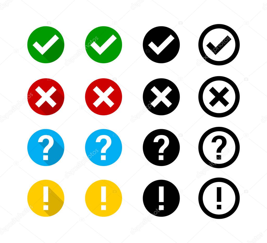 Checkmark cross question exclamation sign or mark. Isolated vector signs symbols. Checkmark icon set.  Flat vector collection of icons.  EPS 10 