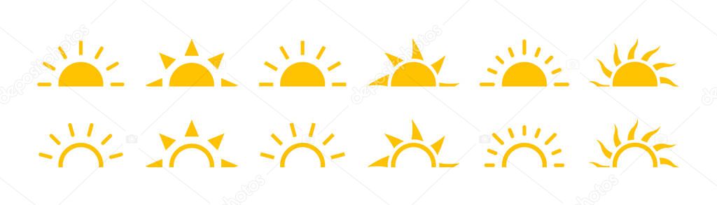 Sun sunset icons vector isolated on white background. Shine sun ray set. Sunshine vector sign.  Sunset icon collection. Abstract art. EPS 10