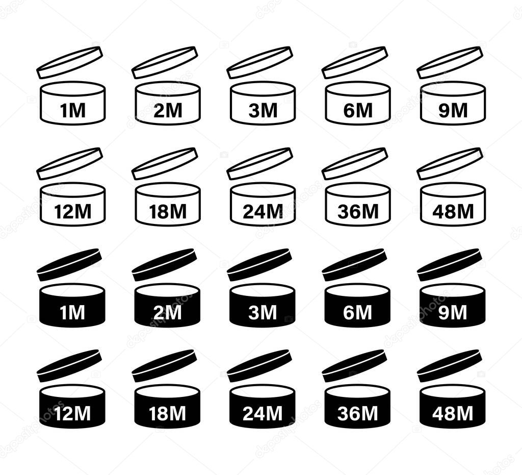 Pao period after opening icon. Vector isolated sign, icon.  Expiration date signs: 1m, 2m, 3m, 6m, 9m, 12m, 18m, 24m, 30m, 36m, 48m. Stock vector. EPS 10