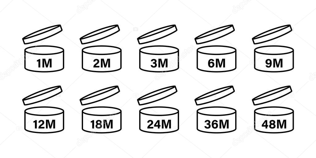 Pao period after opening icon. Vector isolated sign, icon.  Expiration date signs: 1m, 2m, 3m, 6m, 9m, 12m, 18m, 24m, 30m, 36m, 48m. Stock vector. EPS 10