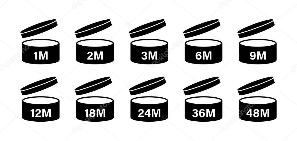 Pao period after opening icon. Vector isolated sign, icon.  Expiration date signs: 1m, 2m, 3m, 6m, 9m, 12m, 18m, 24m, 30m, 36m, 48m. Stock vector. EPS 10