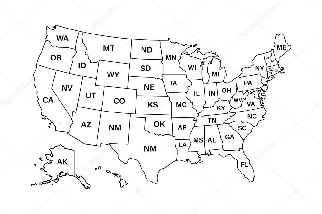 USA map states. Vector line design. High detailed USA map. Labeled with postal abbreviatations. Stock vector. ESP 10