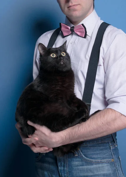 Corte Vista Homem Camisa Suspender Laço Rosa Segurando Bonito Gato — Fotografia de Stock