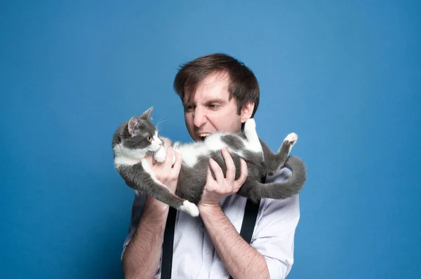 angry man with open mouth holding and looking to cute gray and white cat on blue background with copy space