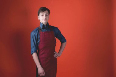 handsome barista with dark hair in red apron looking at camera and holding hand on hip on coral color background with copy space clipart