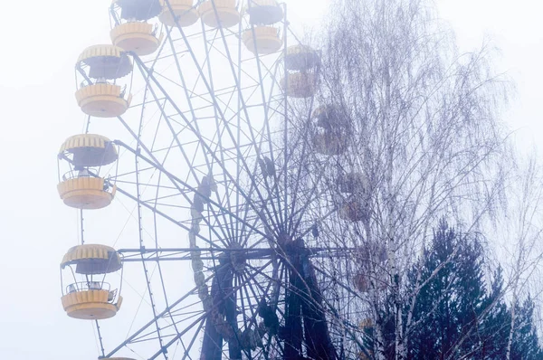 Weichen Fokus Der Riesenrad Attraktion Und Bäume Nebligen Winter Verlassenen — Stockfoto