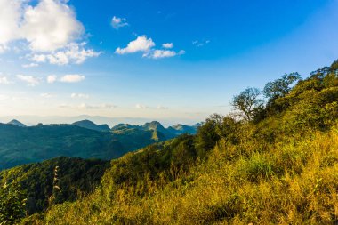 Dağ yeşil ağaç güneşli bulut gökyüzü güneş ışığı, doğa manzara ile