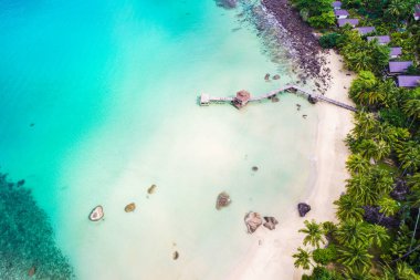 Tropical white sand bech with coconut palm tree background idyllic turquoise sea aerial view