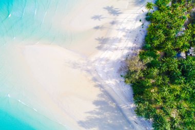 Üstten görünüm cennet beyaz turkuaz kumsalı ile Hindistan cevizi hurma ağacı, Koh Kood Tayland