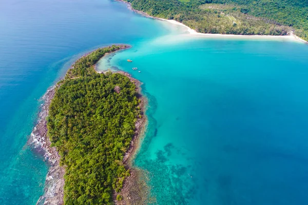 Yeşil ağaç manzaralı Rocky adası sahili, doğa deniz manzaralı.
