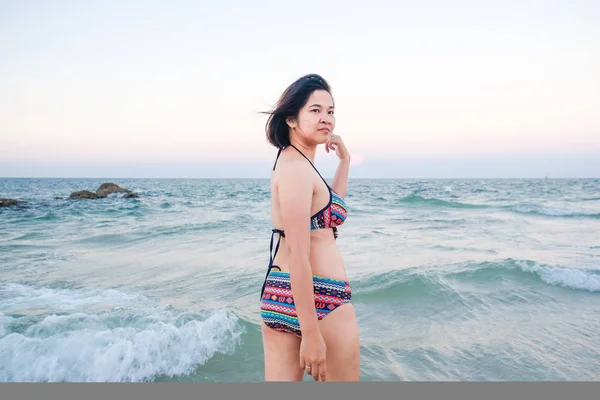 Attractive Beautiful Bikini Women Stand Sea Beach Sunset Sky Summer — Stock Photo, Image