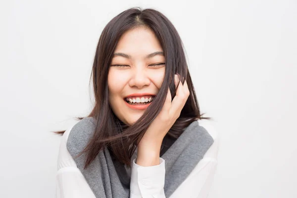 Smiling Fashion Asian Beautiful Women Feel Happy White Background — Stock Photo, Image