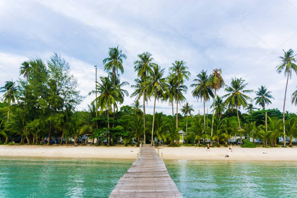 Nature landscape wooden bridge to sea coconut beach Koh Kood island