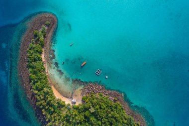 Yeşil ağaç yaz tatili geçmişi olan mavi turkuaz su adası.