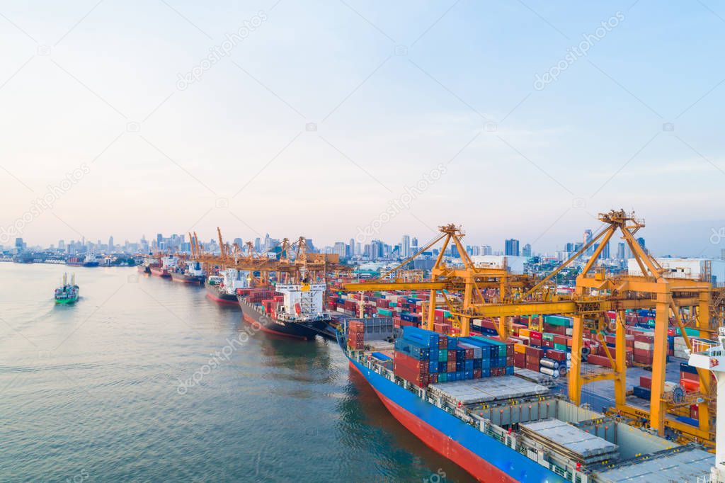 Container Shipping of Logistice and tranport industry with Boat on river and city building, Heavy industry