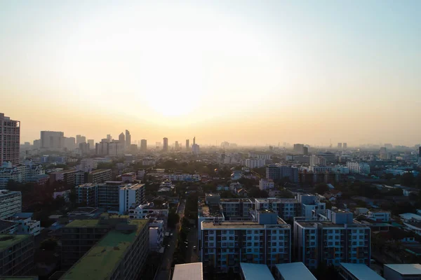 Solnedgången Ljus Bangkok Stad Byggnad Flygfoto — Stockfoto