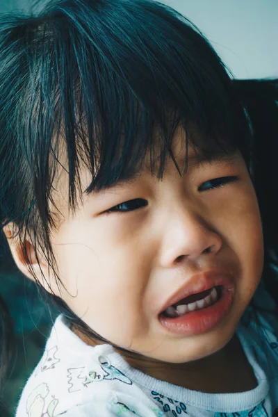 Asian Little Girl Crying Tear Hurt Emotion Close Face — Stock Photo, Image