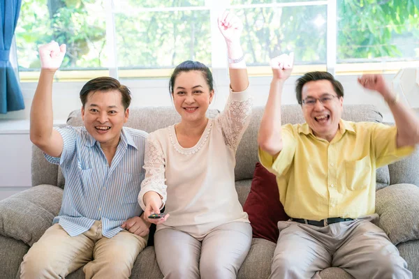 Friend Group Senior Retirement Enjoying Watch Television Sofa — Stock Photo, Image