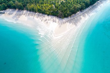 Hindistan cevizi hurma ağacı tropik ada ile havadan görünümü mavi deniz beyaz kum plaj