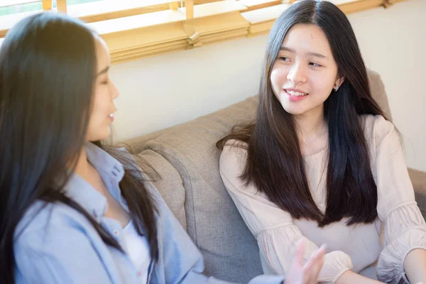 Portrait of cheerful asian women friendly talk together — Stock Photo, Image