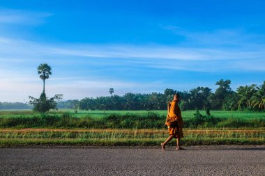 Kırsal yolda yürüyen Budist keşiş