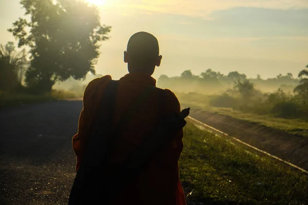 Buddhist monk walking on rural road