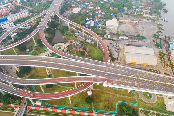 Aerial view road bridge transport city building with river — Stock Photo, Image