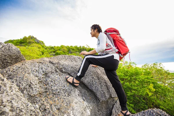 Feliz senderismo mujeres de pie en la cima de la montaña con mochila — Foto de Stock