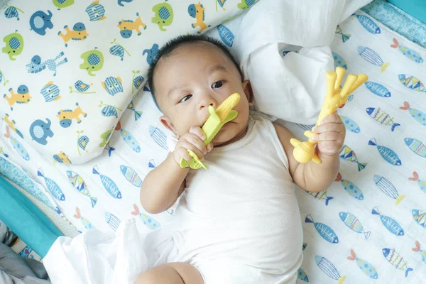Adorable bébé tout-petit garçon jouant jouet sur le lit — Photo