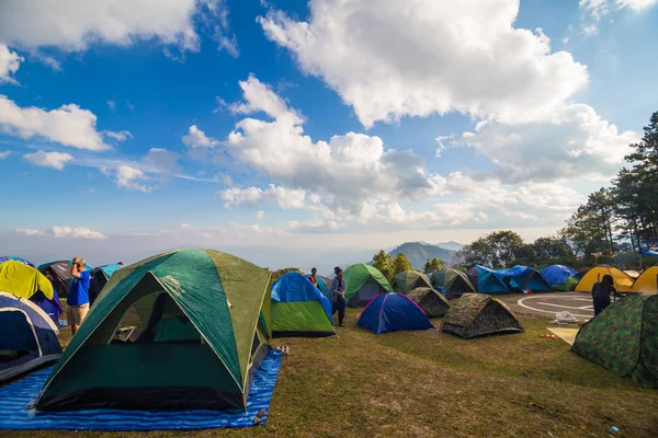 Camping tent on hill of high mountain — Stock Photo, Image