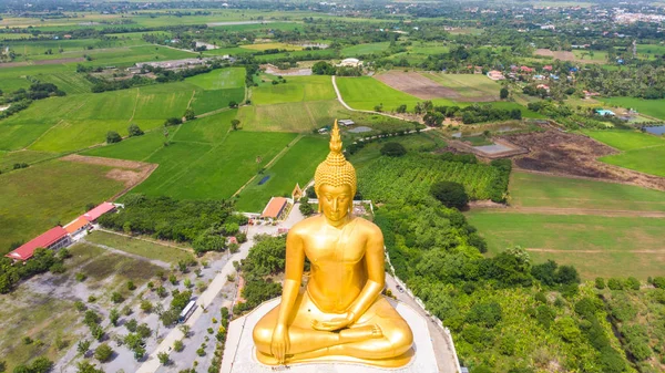 Estatua de buda dorada en templo budista con plantación de arroz — Foto de Stock